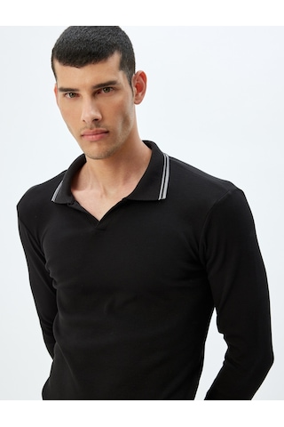 Koton Slim Fit Tişört Uzun Kollu V Yaka Polo Pamuklu Siyah 5wam10197hk Siyah