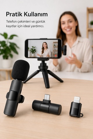 Kablosuz Yaka Mikrofonu Usb-c Ve Lightning Uyumlu Tak Çalıştır Telefon Kayıt Mikrofonu