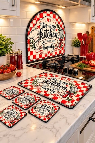 Gökçeoğlu Cam Mutfak Seti 3'lü Set Ocak Arkası Koruyucu Oval Şekilli 52x60 Cm Kesme Tahtası 20x30 Cm 4'lü Bardak Altlığı 10x10 Cm Çok Renkli