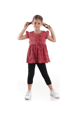 Ahengim Kız Çocuk Takım Vizkon Baskılı Taytlı Alt Üst Takım Pamuklu Ak2522 Kırmızı