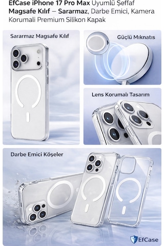 Apple Uyumlu iPhone 17 Pro Max Uyumlu Şeffaf Magsafe Kılıf Sararmaz, Darbe Emici, Premium Silikon Kapak Beyaz