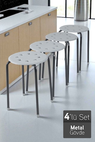 İronika Otto Metal Gövdeli Modern Tabure Mutfak Bahçe Taburesi - 4 Adet Gri Gri