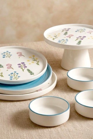 11 Parça 6 Kişilik Botanical Stackable Kahvaltı Takımı - Lüx Kahvaltılık Sunum Seti Tabağı Beyaz