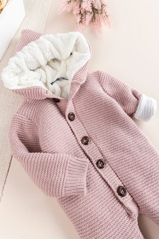 Triko Örme Welsoft Astarlı Kapüşonlu Kışlık Bebek Tulum gül kurusu