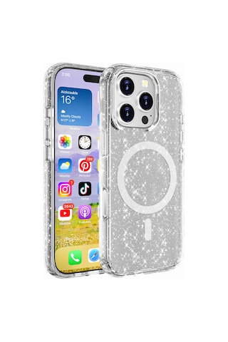 Apple Uyumlu iPhone 16 Pro Max Kılıf M-safe Şarj Özellikli Parlayan Simli Saydam Renkli Zore Allstar Kapak Şeffaf