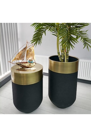 Dekoratif Eskitme Darbuka Siyah Saksı 70 Cm+Sehpa 60 Cm (Ikili Se