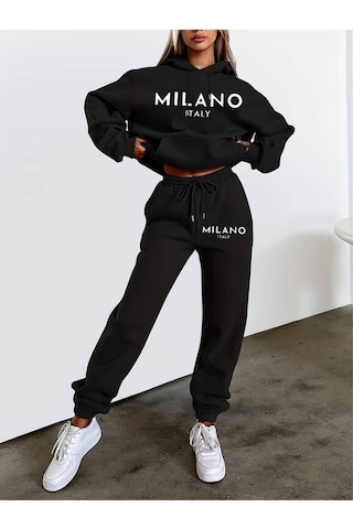 Hırsch Siyah Kadın Oversize Basic Kapüşonlu Lastikli Milano Italy Baskılı Pamuklu Eşofman Takımı Siyah