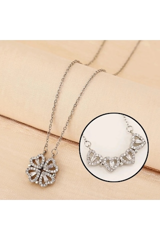 Ervanur Zirkon Taşlı Çoklu Kalpli Açılır Kapanır Mıknatıslı Yonca Kolye