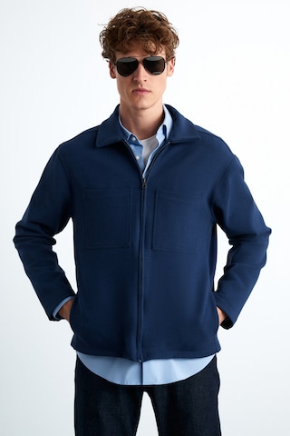 Calpe Erkek Skuba Interlok Kumaşlı Organik Pamuklu Fermuarlı Cepli Şık Gömlek Tipi Lacivert Ceket