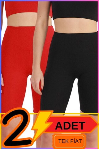 Kadın Yüksek Bel Toparlayıcı Şort Tayt Siyah & Kırmızı 2'li Paket Lycralı Biker Shorts 21071 Siyah - Kırmızı
