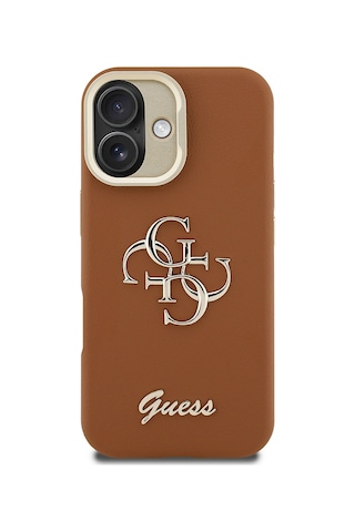 Apple iPhone 16 Uyumlu Kılıf Guess Lisanslı Grained Yazı Logolu Kamera Standlı Kapak Kahverengi
