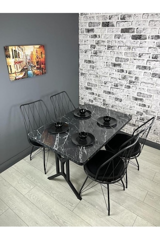 Sultan Siyah Mermer Mutfak Yemek Masası Balkon Masası Kavisli Köşe Metal Siyah Ayak 120 80 Cm