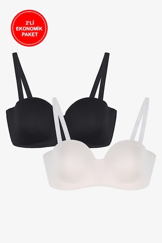 2'li Paket - Kadın Dolgusuz Mikro Straplez Sütyen Siyah - Ekru