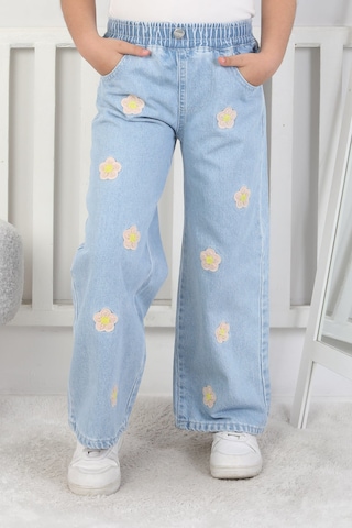 Moonch Kız Çocuk Çiçek Nakışlı Geniş Paça Jean Pantolon Mavi