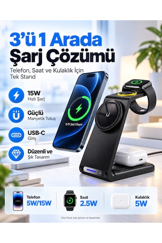 3 Ü 1 Arada 15w Manyetik Kablosuz Şarj Standı Telefon Akıllı Saat Ve Kulaklık Uyumlu Usb-c