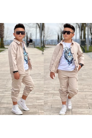 Modavals Gabardin Gömlek Kargo Cep Pantolon Ve Kaplan Baskılı Tshırt 3 Parça Erkek Çocuk Takım Krem
