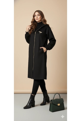 Kadın Gri Kapüşonlu Balon Kol Fermuarlı Kaban Oversize Midi Boy Kışlık Kaşe Mont Siyah