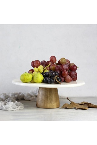 Akayev Mermer 28 CM Konik Ahşap Ayaklı Beyaz Yuvarlak Sunum Tabağ