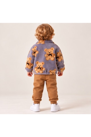 Maxx Kelın Erkek Bebek Ayıcık Desenli Peluş Mont Ve Pantolon 2'li Takım Lila Taba 9-12-18 Ay