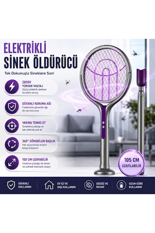 Polham 105 Cm Uzatılabilir Elektrikli Sinek Öldürücü Raket, Şarjlı 2800v Yüksek Voltajlı, 360 Dönebilen Başlıklı Sinek Öldürücü 1 Adet