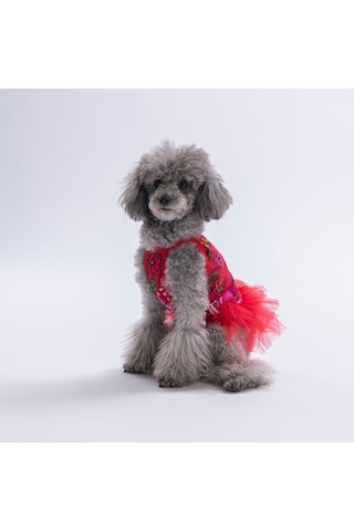 Red Wildflowers Kırmızı Çiçek Desenli Kedi Köpek Elbisesi - Kedi Köpek Kıyafeti