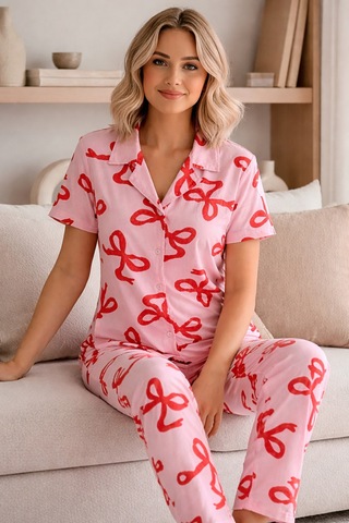 Free Beka Kadın Önden Düğmeli Devrik Yaka Kısa Kol Uzun Pantolon Desenli Pijama Takımı Pembe