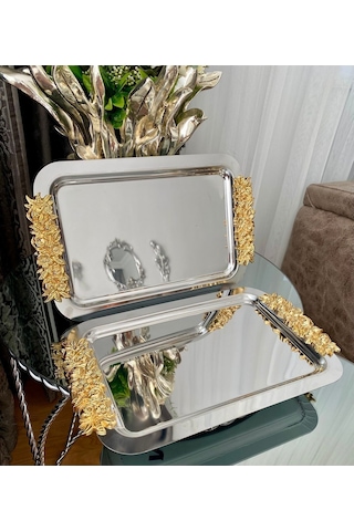 Atabey Home Collection 1 Adet Tekli Kahve & Çay & Sunum Dikdörtgen Büyük Sunum Tepsisi Çelik Gül Model Gold 30 Cm
