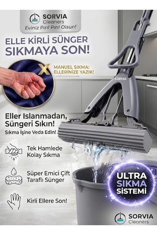 Kelebek Mop Kendinden Sıkmalı Pva Sünger Mop 124 Cm Çelik Saplı Yer Silme Ve Zemin Temizlik Mopu Kıl Tüy Toz Toplayan Temizlik Seti