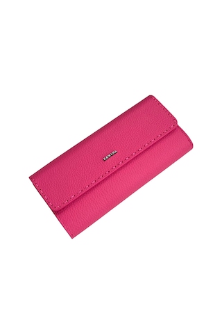 Fuşya %100 Hakiki Deri Dikiş Detaylı Gizli Mıknatıslı Kapaklı Özel Tasarım Kadın Cüzdan Portföy Fuşya