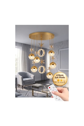 LumiaLighting Lüxe Model 8'li Gold Kumandalı 3 Renk Modu Ledli Kristal Taşlı Modern Salon Mutfak Oturma Odası Led Avize Altın
