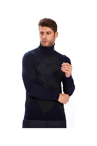 Ecer Erkek Triko Kazak - Geometrik Desen - Uzun Kol - Minimalist Lacivert