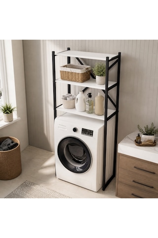 Braga Metal 3 Çamaşır Makinesi Üstü Düzenleyici Raf Beyaz Banyo Düzenleyici Dolap Siyah - Beyaz