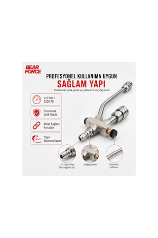 Robeve Bear Force Kısa Basınçlı Yıkama Tabancası Çiftleme Başlığı 1/4 Quick Plug Hızlı Bağlantı Köpük Aparatı Ve Durulama Geçiş Vanası Paslanmaz Çelik 220 Bar / 3200 Psı Basınç Dayanımı