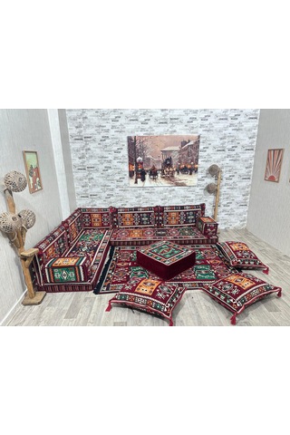 Coton Şark Köşesi Milas Desen Köşe Minder Takımı Bordo