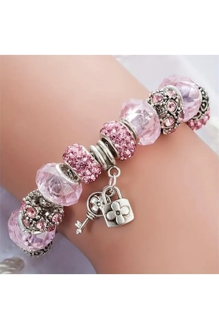 Pembe Kristal Taşlı Çiçek Charmlı Bileklik Gümüş