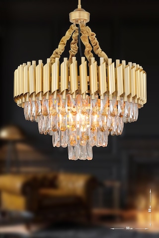 Avizemoda Palmira 55'Lik Prizma Kesim Kristal Taşlı Lüks Avize - (Sarı-Yaldız)