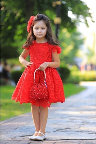 Riccotarz Kız Çocuk Üzeri Boydan Dantel Güpür İşlemeli Şeffaf Tüllü Sıfır Kol Kırmızı Elbise Kırmızı