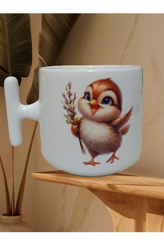 Sevimli Serçe Çift Taraf Baskılı T Kupa Bardak Beyaz T
