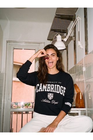Onloox Kadın Siyah Siyah Pamuklu Bisiklet Yaka Üç İplik Şardonlu Basic Baskılı Sweatshirt