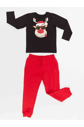 Denokids Yılbaşı Geyik Erkek Çocuk T-shirt Pantolon Takım Renkli Çok Renkli