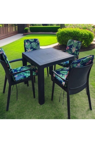 Lüks Arkalıklı Sandalye Minderi 4lü 4cm Süngerli Yeşil Yaprak 42x42 Çok Renkli