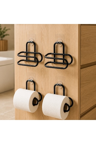 Siyah Yapışkanlı Tuvalet Kağıdı Askısı Metal Duvar Tipi 4 Lü Set Renkli