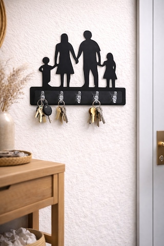 Aile Figürlü Dekoratif Duvar Askılığı 6 Kancalı Mdf Anahtarlık Ve Askı 38 X 30 Cm Siyah Siyah