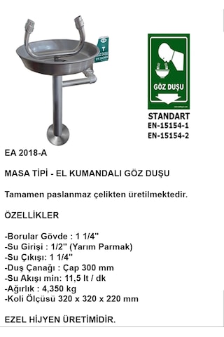 Ea 2018-a Acil Göz Yıkama Duşu - Masa Tipi Paslanmaz