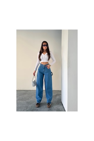 Blue Marlın Yan Kemer Mavi Tokalı Kargo Cep Detaylı Baggy Jeans Mavi