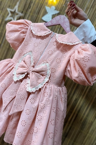 Dantel Süslemeli Balon Kol Kız Çocuk Bebek Fisto Elbise 001