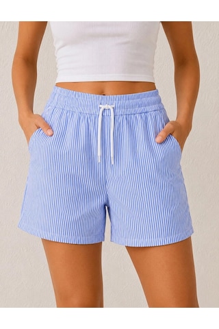 Wear Vexel Kadın Su Yolu Çizgili Şort Ön Arka Cepli Lastikli Bel Regular Fit Yazlık Şort - Mavi Çok Renkli