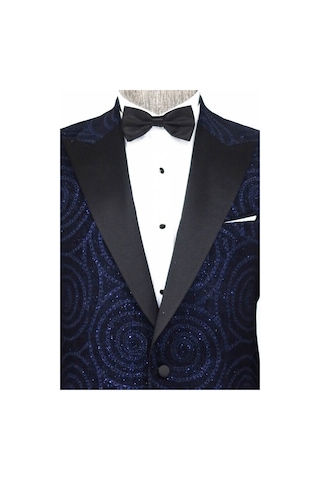 Wessi Hipnoz Desen Sivri Yaka Slim Fit Lacivert Erkek Smokin Ceket Lacivert