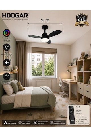 German New Black Super Fan 60 Cm Kalın Kanat Dim Ayarlı Tavan Vantilatörü Rgb Led 16 Renk Sessiz Sinek Kovar