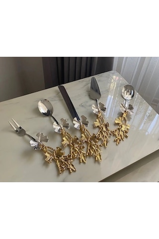 5 Parça Kelebek Desenli Gold Saplı Çelik Servis Seti